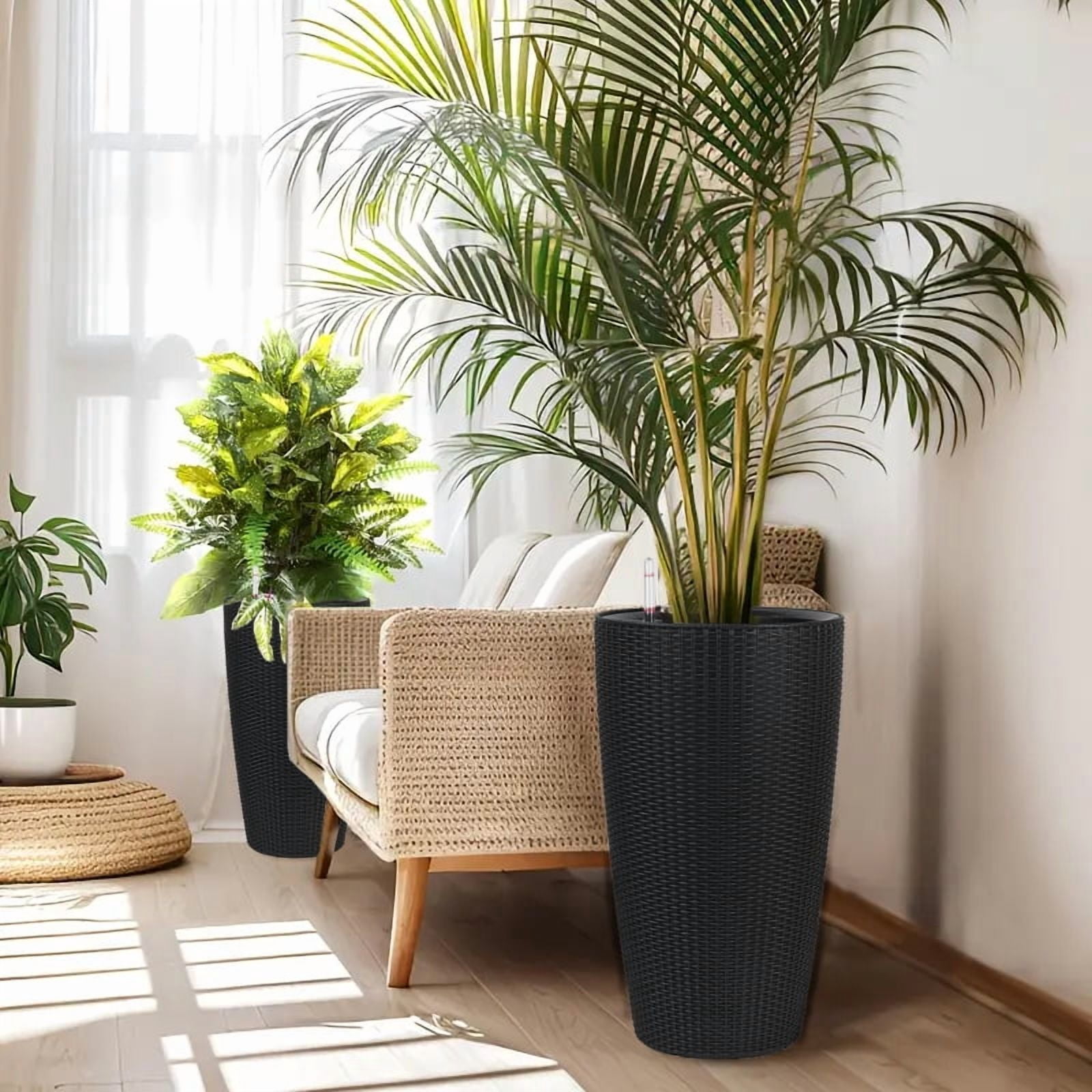 Black Polypropylene Set of 2 Tall Planters - 22.17 in H for Indoor Outdoor Use