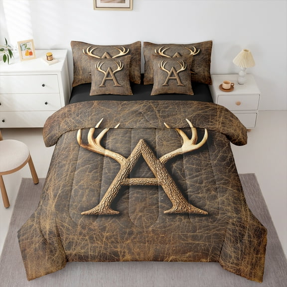 Castle Fairy Monogrammed Letter Initial A 7-Piece Twin Bedding Sets for Teens Women Men,Jungle Wildlife Deer Bedding Comforter Set,Animal Print Breathable Sheet Sets,Breathable Home Decor