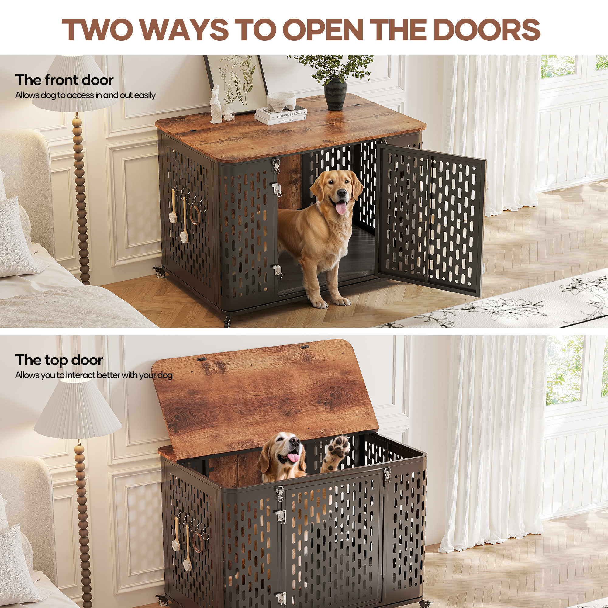 Naipo 38" Heavy Duty Dog Crate Furniture, Chew Proof Prevent Escape Metal Kennel for High Anxiety Dogs, Wooden Side Table,Decorative Coffee Table, Indoor Cage with Cushion, Rustic Brown