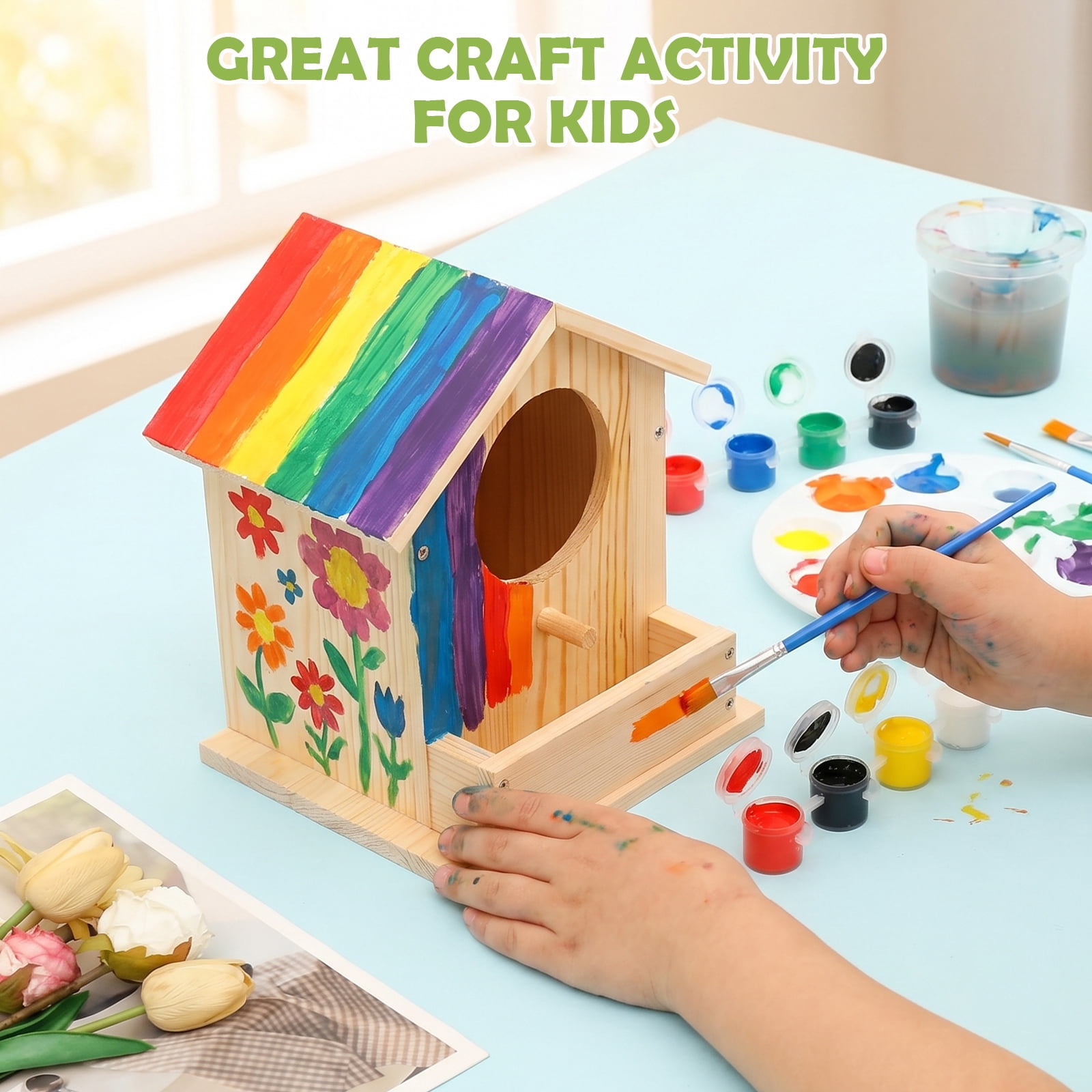 Threns Bird House Kit, 2 Pack DIY Wooden Birdhouse Kits, Arts and Crafts Painting Kit, Buildable DIY Birdhouse Kit for Kids, Summer Arts and Craft Projects with Paint and Brush