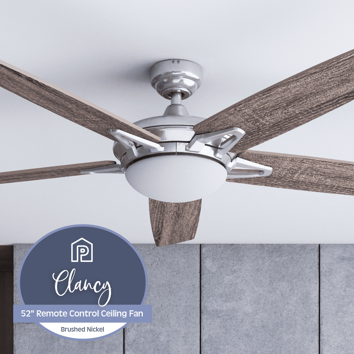 Prominence Home Clancy 52" Brushed Nickel Indoor Ceiling Fan with Light, 5 Blades, Remote & Reverse Airflow
