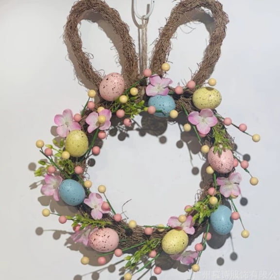Easter Bunny Wreath with Eggs and Flowers, Front Door Wall Decoration for Home Porch Mantel, Durable Indoor Outdoor Spring Holiday Wreath