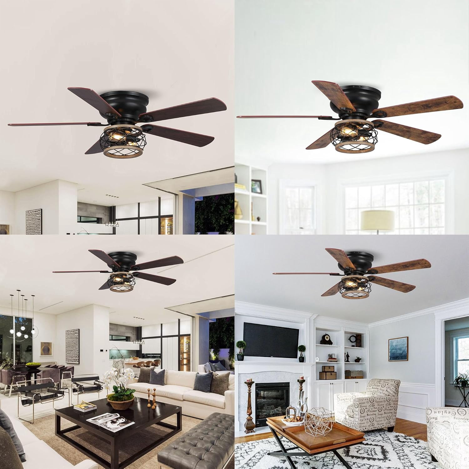 Parrot Uncle Farmhouse 48-Inch Brown Ceiling Fan with Lights and Remote,  Low Profile Ceiling Fan with Light