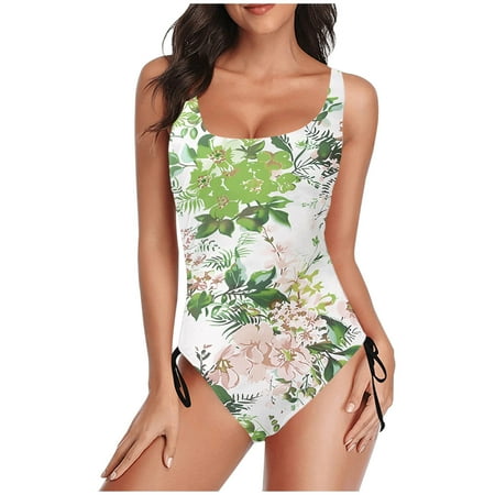 TrendVibe365 Swimsuits for Women 2025 Green One Piece Bathing Suits Thong Adjustable Shoulder Strap Floral Swimwear Beachwear 2XL