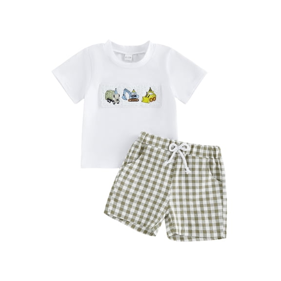 BemeyourBBs Toddler Baby Boy Birthday Outfits 1 2 3 4 Years Old Birthday Summer Clothes Short Sleeve Excavator Truck Vehicles Embroidery T Shirt Plaid Shorts Set Toddler Boys Summer Outfit