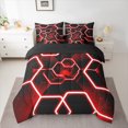 thumbnail image 2 of Manfei Geometric Honeycomb Bedding Comforter Set 7-Piece for Boys, Gradient Black Red Full Bedding Set, Neon Hexagon Fitted Sheet Flat Sheet, Microfiber Bedroom Decor, 2 of 8