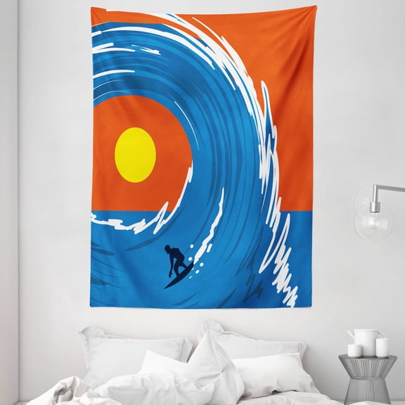 Ride The Wave Tapestry, Man Surfing in Giant Ocean Waves Retro Artistic Sports Poster Print, Wall Hanging for Bedroom Living Room Dorm Decor, 60W X 80L Inches, Violet Blue Scarlet, by Ambesonne