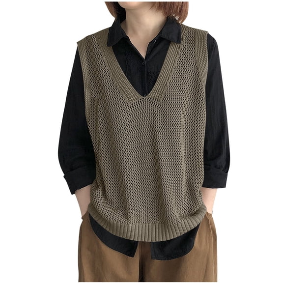 Womens Loose Sweater Vest Hollow Crochet V Neck Pullover Tank Tops Light Weight Sleeveless Casual Knitted Vest Green, Free Size