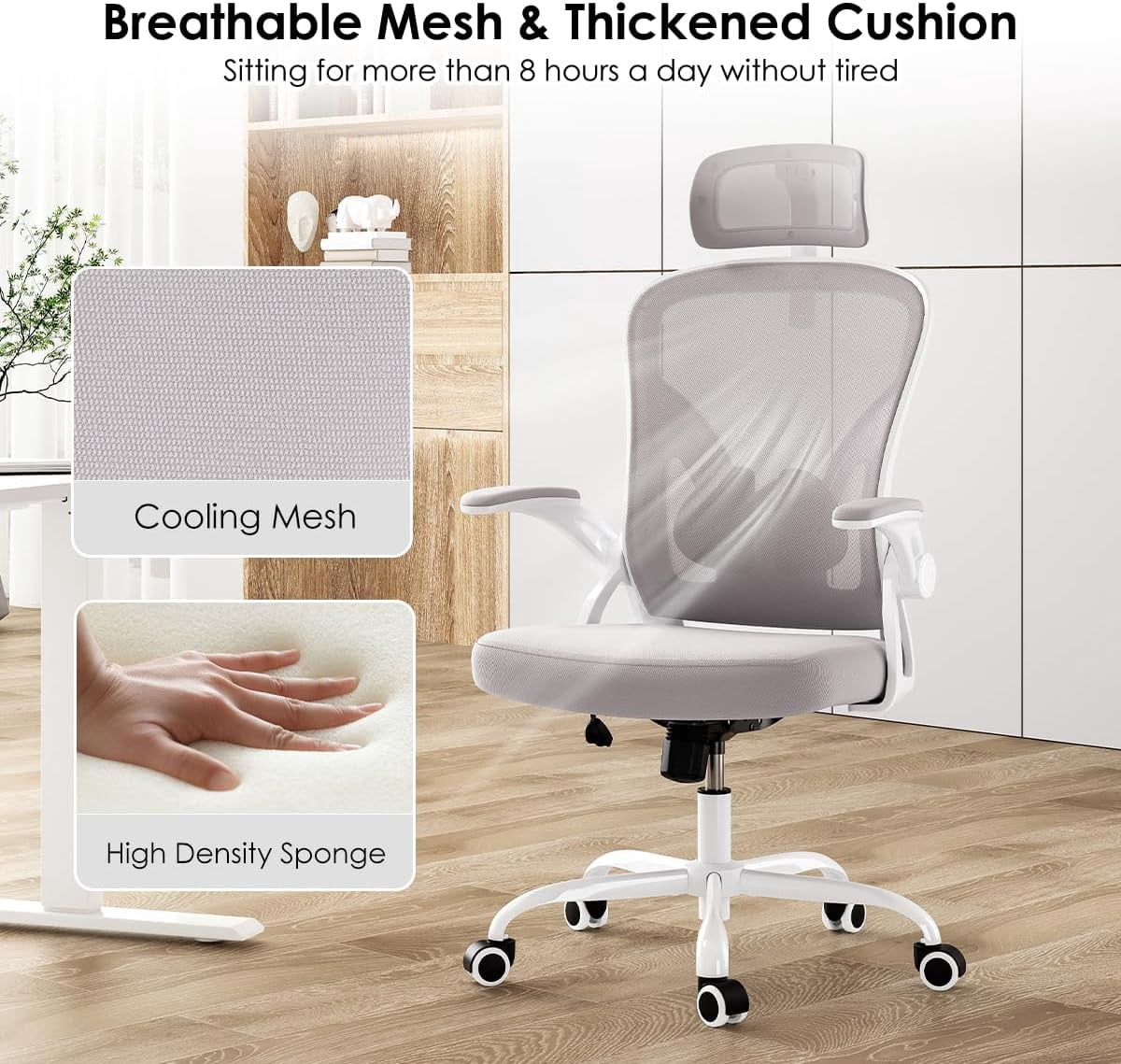 STARY Ergonomic Mesh Office Chair with Headrest, Tall Reclining Computer Chair with Adjustable Lumbar Support and Adjustable Arms for Home Office, White & Gray