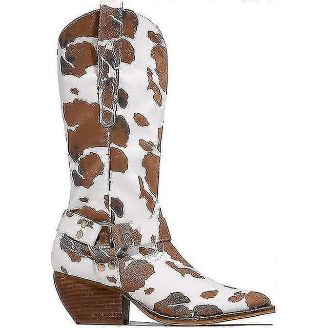 Cow Print Cowgirl Boots Block Chunky Heel Mid Calf
