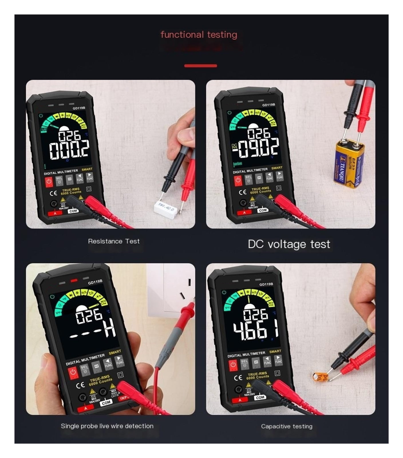 GD119B Smart Digital Multimeter,  6000 Counts, Voltage Tester, Volt Meter with NCV, DC/AC Voltage&Current, Resistance, Continuity, Diode, Capacitance, Hz%, Temperature, Live Wire - Green