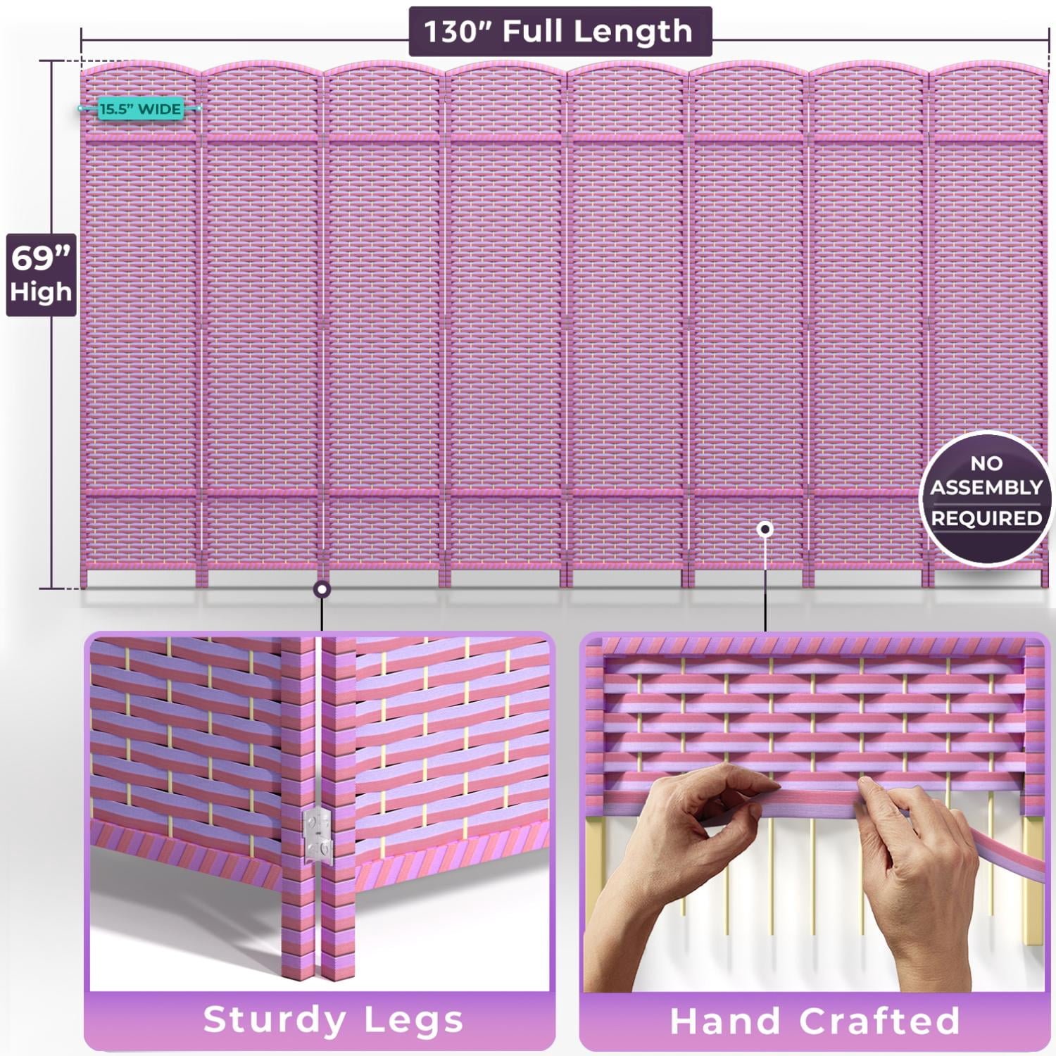 Sorbus 8-Panel Extra-Wide Folding Room Divider Privacy Screen, Hand-Woven Purple Mesh