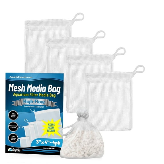 Aquatic Experts - High-Flow Mesh Media Filter Bags with Drawstring - Ideal for Aquarium Filtration, 4 Pack, 3" x 4"