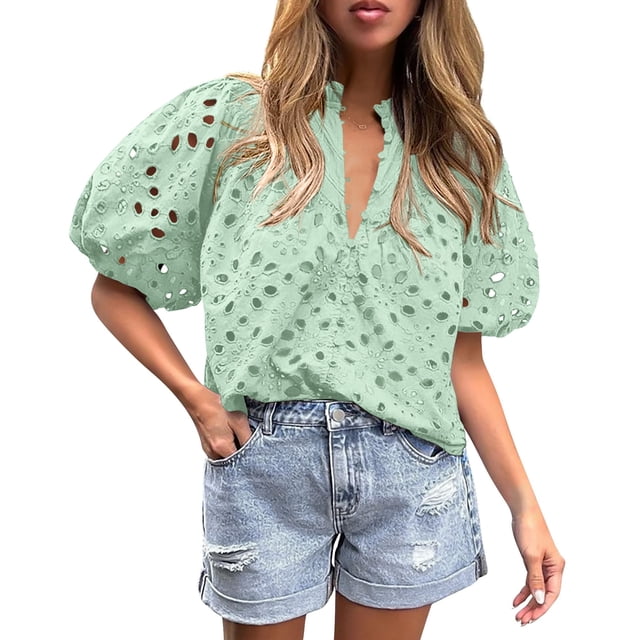 Blusa PRETTYGARDEN para mujer con escote en V, encaje calado, talla S, verde