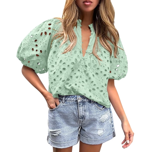 Blusa PRETTYGARDEN para mujer con escote en V, encaje calado, talla S, verde