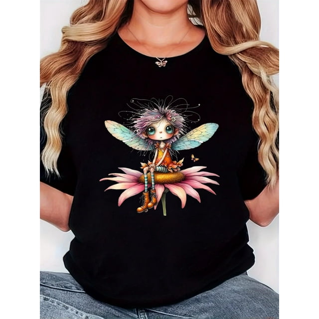 Camiseta para mujer, estampado "Mariposa, Niña y Flores", estilo retro minimalista, cuello redondo, informal y cómoda, manga corta deportiva, top deportivo para el tiempo libre.