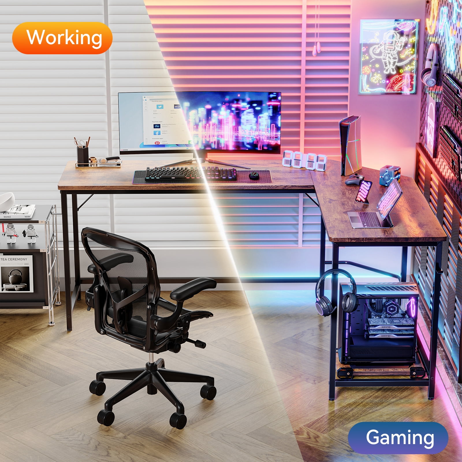 Gianna 66" L-Shaped Gaming Desk, Corner Computer Desk and Home Office Workstation, Sturdy Writing Desk for Gaming or Work