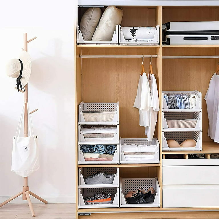 Set of 4 Stackable Closet Wardrobe Storage Bins Organizer (Easy Open and  Folding), Plastic White Wardrobe Shelves Closet Organiser Box, Pull Out  Like