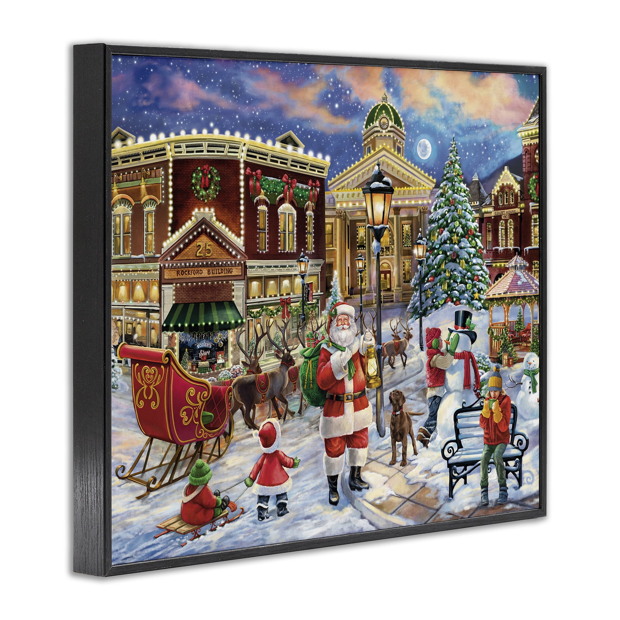 Stupell Industries Santa in Town Square Holiday Painting Black Framed Art Print Wall Art, 20 x 16