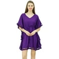 thumbnail image 3 of Bimba Women's V Neck Tassel Kaftan Short Rayon Caftan Designer Beachwear Coverup Dress, 3 of 8