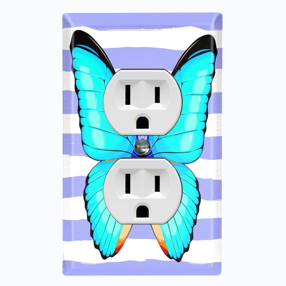 Metal Light Switch Plate Cover Unique Teal Butterfly Purple Stripes BUT031