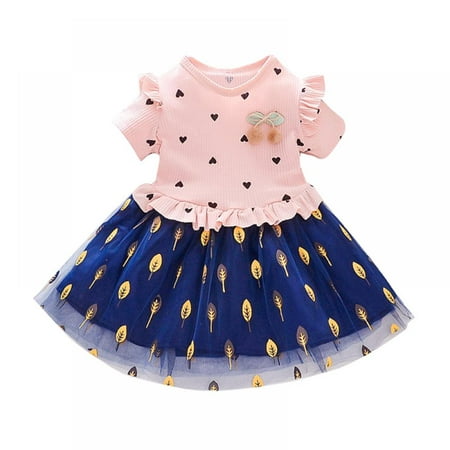 

Summer Casual Baby Girls Short Sleeve Heart Leaves Pattern Patchwork Dress Kids Toddler Princess Sundress