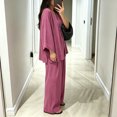 thumbnail image 5 of Womens Cotton Linen Sets 2 Piece Oversized V-neck Loose Top and Wide Leg Pants Sets Casual Vacation Outfits Hot Pink M, 5 of 6