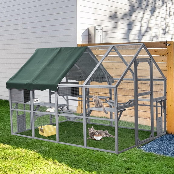 Ataucjin Cat Run Large Cat Enclosure Wooden Cat Catio Outdoor Kitty House with Bridges, Walks, Small Houses, Roof Cover 110 Inch
