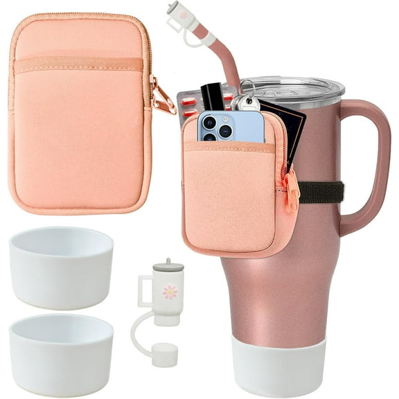Water Bottle Pouch for Stanley Cup 40 oz/30 oz, Compatible with Tumbler Cup Accessories Set, 1 Cup Belt Bag, 1 Leak Proof Plug, 2 Anti Slip Silicone Boot for Women