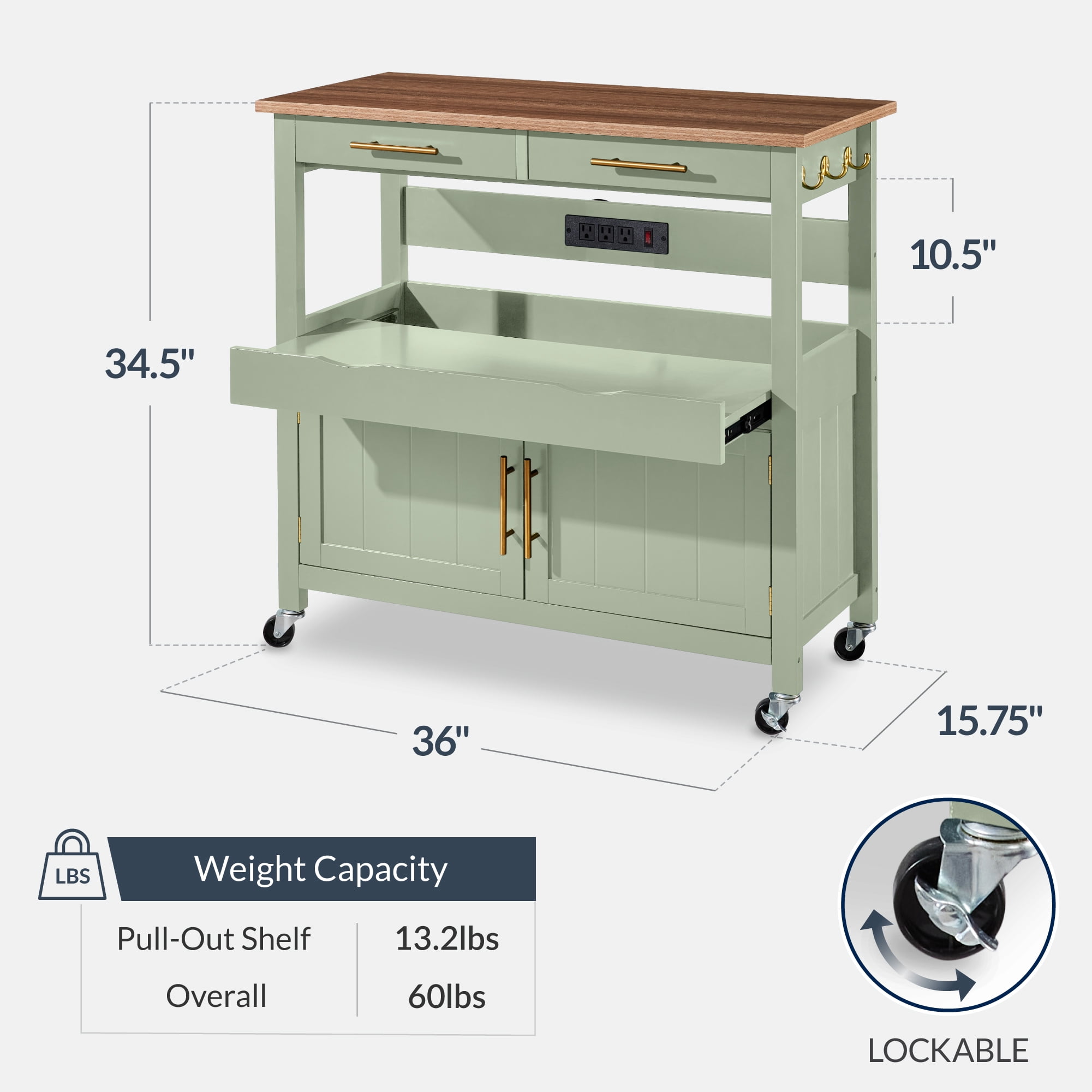 Best Choice Products 36in Large Rolling Kitchen Island Cart, 2-Door Cabinet, Outlet, Hooks, & Wheels - Pistachio Green