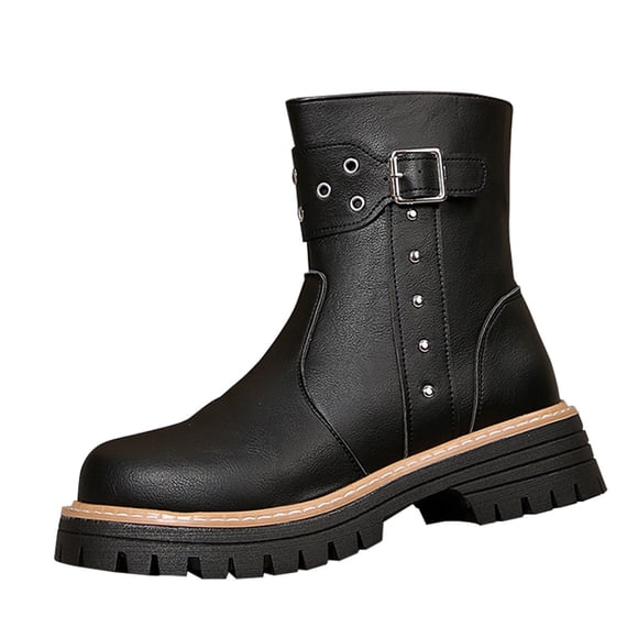 RXMEKW Faux Leather Ankle Boots for Women with Side Zipper and Low Heel, Black