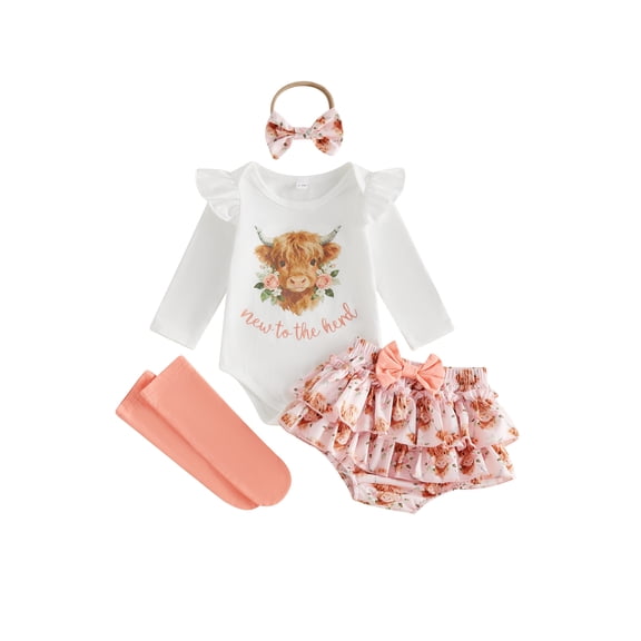 Cjfdfy Newborn Baby Girl Western Cowgirl Fall Outfit New To The Herd Highland Cow Print Long Sleeve Romper With Skort Headband Stockings Infant Farm Fall Winter Clothes Set