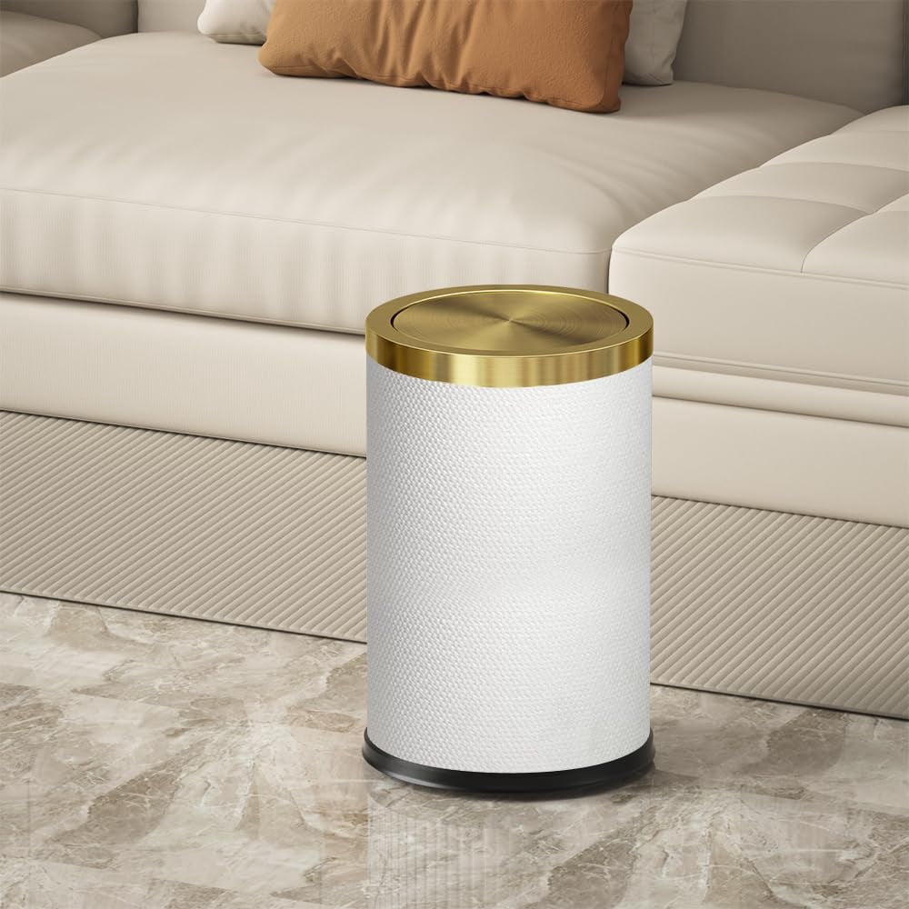 2.4 Gallon Bathroom Trash Can with Lid, Pu Leather Modern Garbage Can, Round Decorative Waste Basket, for Near Desk, Powder, Bedroom, Hotel, Office, Home