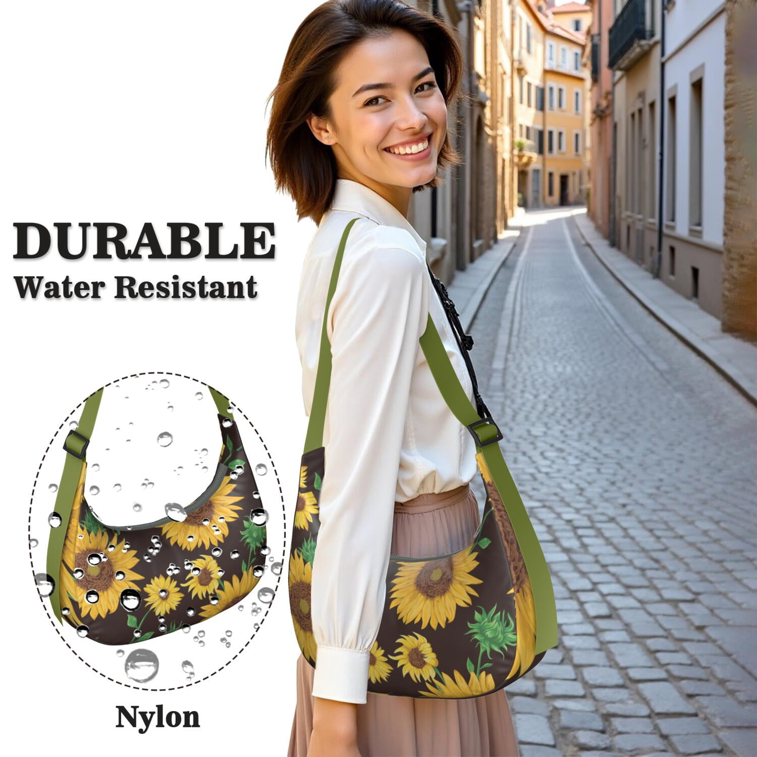 Casual Crossbody Purse for Women – Lightweight & Spacious, Boho Sunflower and Butterfly Floral Print, Rustic Vintage Country Style, Water-Resistant Durable Purse