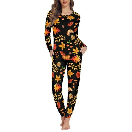

FKELYI Fall Farmhouse Women Pj Set of 2 Breathable Thanksgiving Maple Leaf Loungewear Size XL Stretchy Pajamas for Women s Lingerie Sleep & Lounge