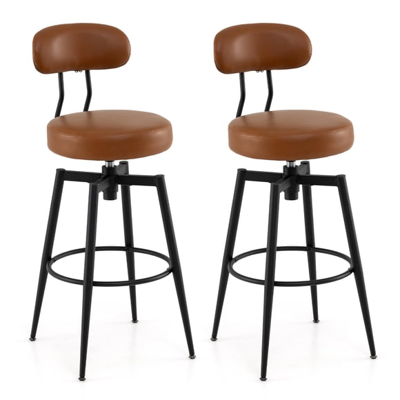 Costway Swivel Barstools Set of 2 Faux Leather Bar Height Chairs with Upholstered Seat Back Black + Brown