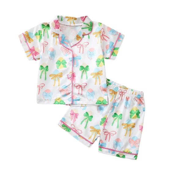 FYDUU Toddler Girls Birthday Pajamas Short Sleeve Bow Print Tops Shorts Set Button Down Lapel Collar Sleepwear Summer Cute Homewear 2-3 Years
