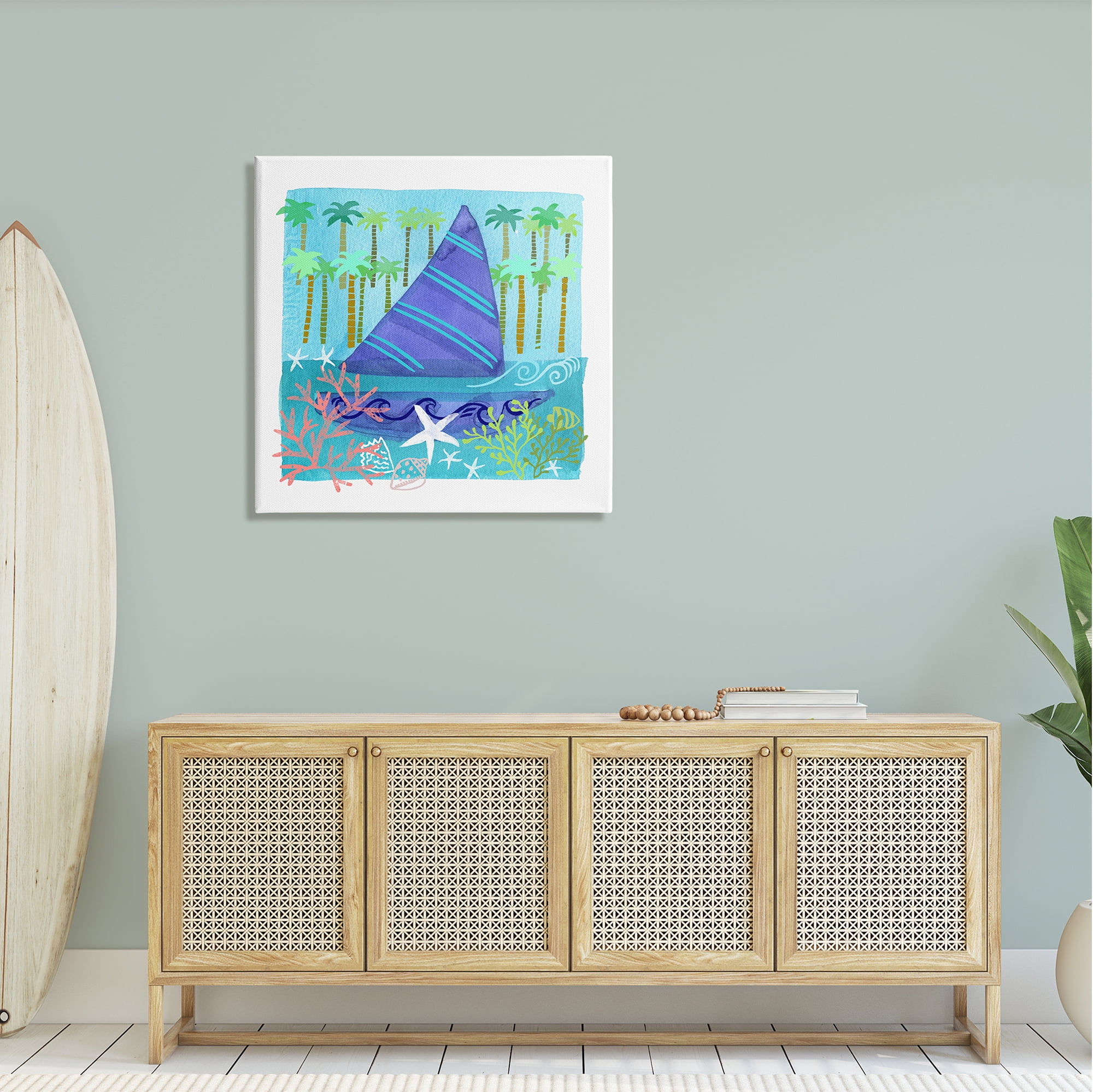 Stupell Industries Funky Sailboat Coastal Layered Palm Trees Seashells Graphic Art Gallery Wrapped Canvas Print Wall Art, Design by unknown