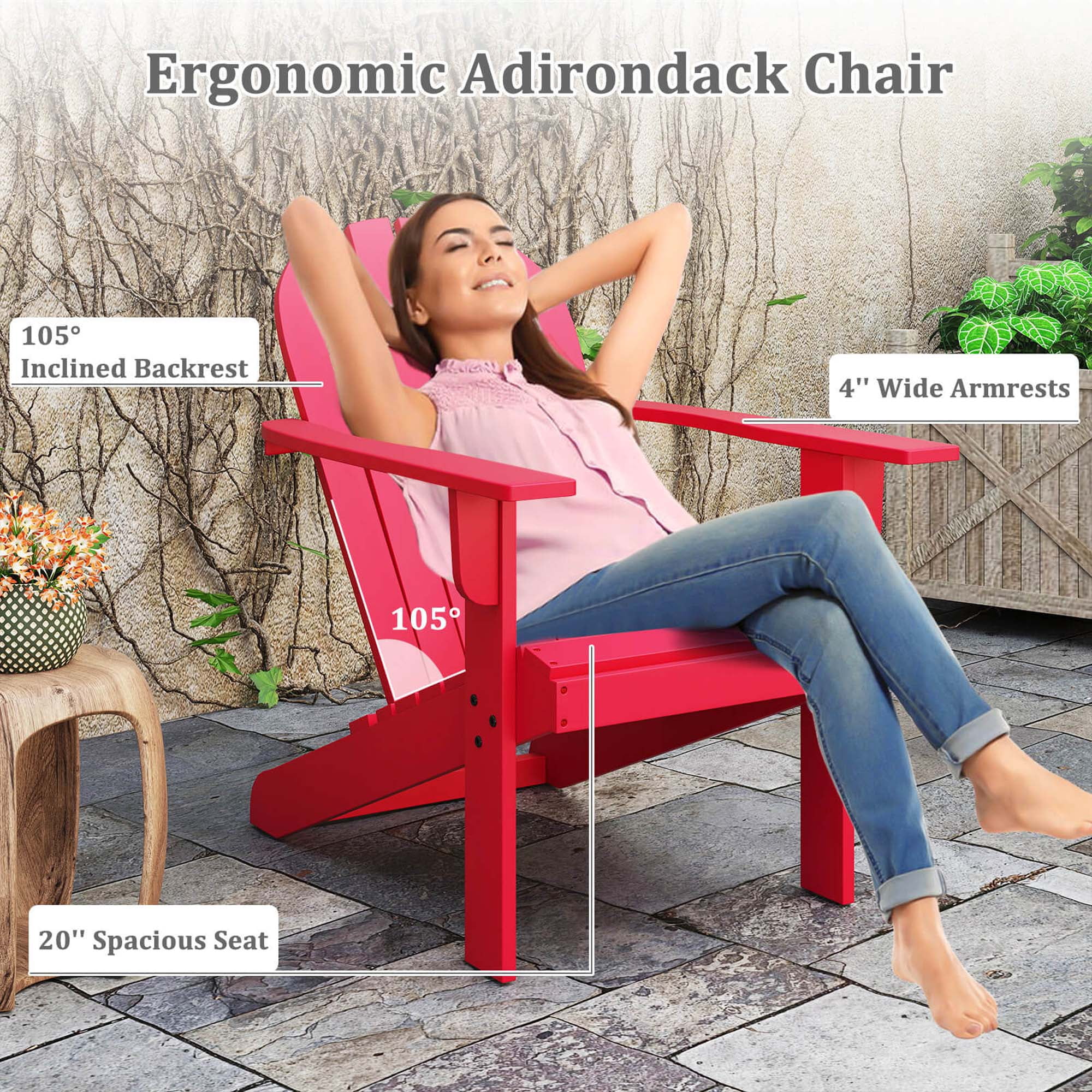 Costway Patio Adirondack Chair with  Inclined Seat High Backrest & Wide Armrests Red