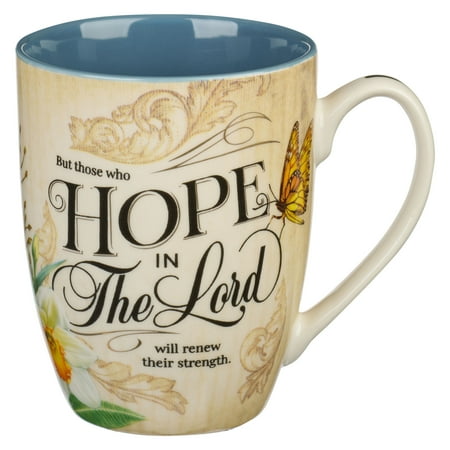 

Christian Art Gifts Novelty Ceramic Scripture Coffee & Tea Mug for Women: Hope in the Lord - Isaiah 40:31 Inspirational Bible Verse w/Gold Accents Yellow & Orange Floral Butterfly Blue/Tan 12 oz.