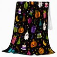 thumbnail image 2 of Ghost Pumpkin Birthday Party Pattern Scene, Cheerful Flat Holiday Icon Style for Halloween Fans, Present Cake Confetti Theme and Halloween Gift, Cozy Flannel Blanket, Home Decor, 2 of 9
