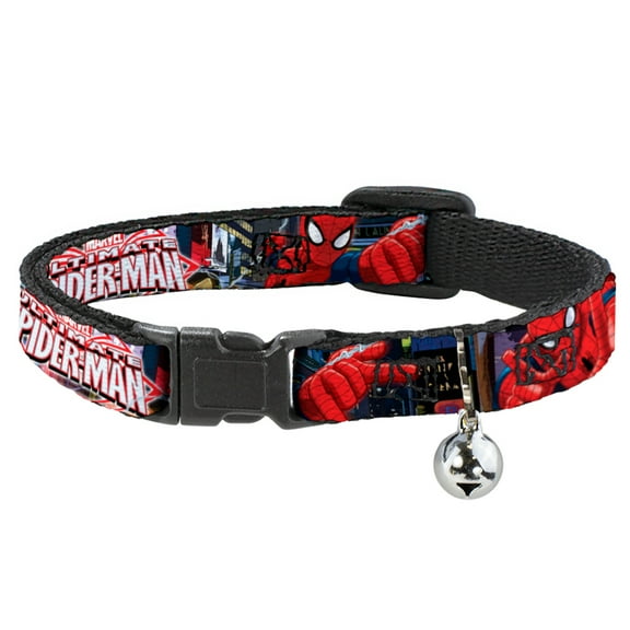Marvel Comics Cat Collar, Breakaway Collar with Bell, The Ultimate Spider Man Swinging City Poses, 8.5 to 12 Inches 0.5 Inch Wide