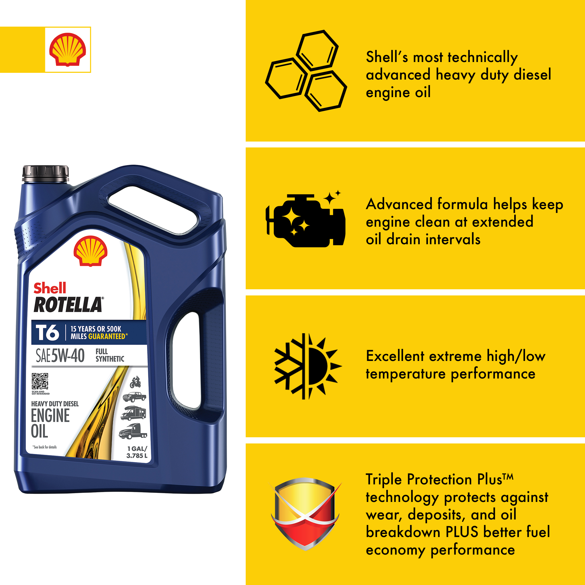 Shell Rotella T6 Full Synthetic 5W-40 Diesel Engine Oil, 1 Gallon - image 3 of 9