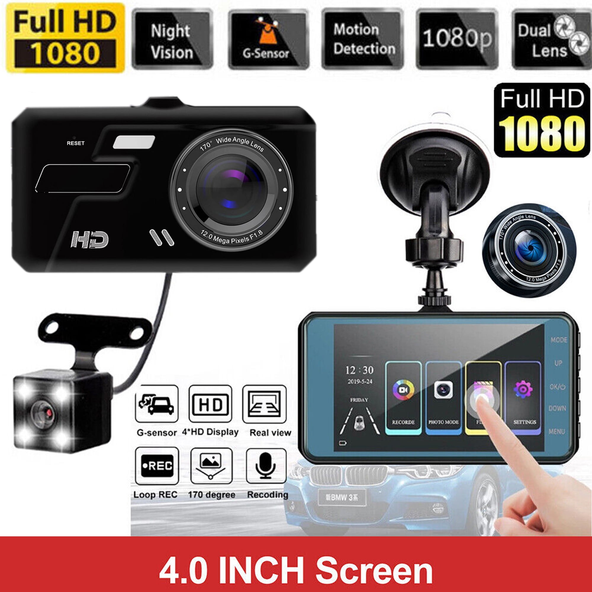 FAMKIT 4 inch Car Dash Cameras with Night Vision, 170° Wide Angle