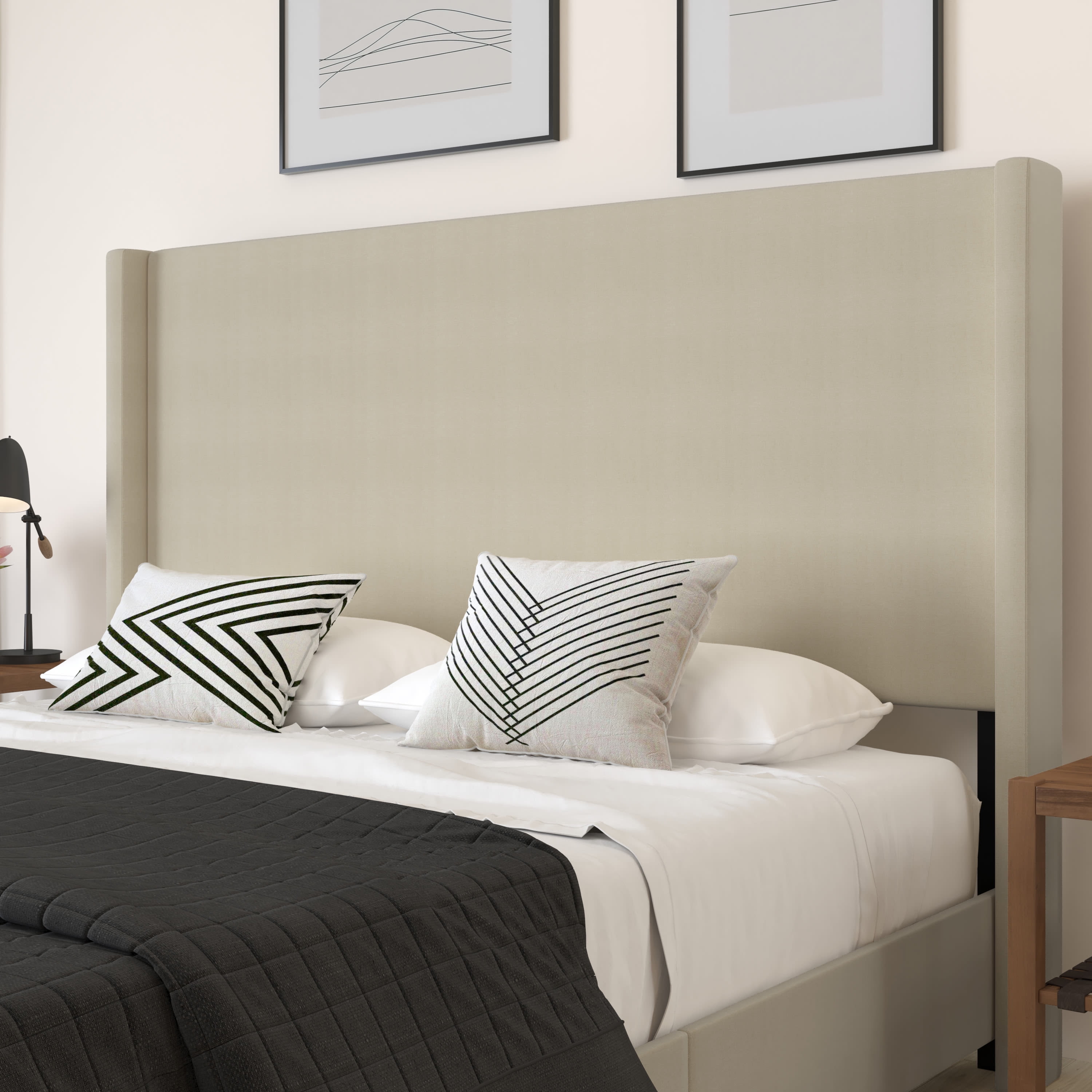Merrick Lane Modern Platform Bed with Upholstered Wingback Headboard, King Size, Beige
