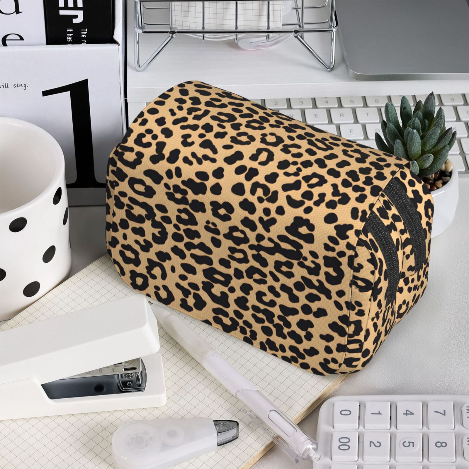 Large-Capacity Flip-Top Double-Layer Pencil Case, Multi-Functional Pocket Pen Case, Durable Stationery Organizer Leopard Print Pattern Background_3