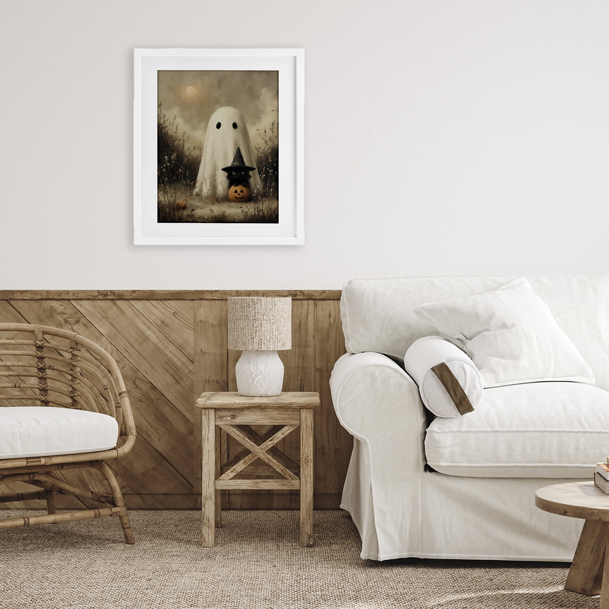 Ghost with Black Kitten White Framed Print Under Glass, design by Arlington Prints