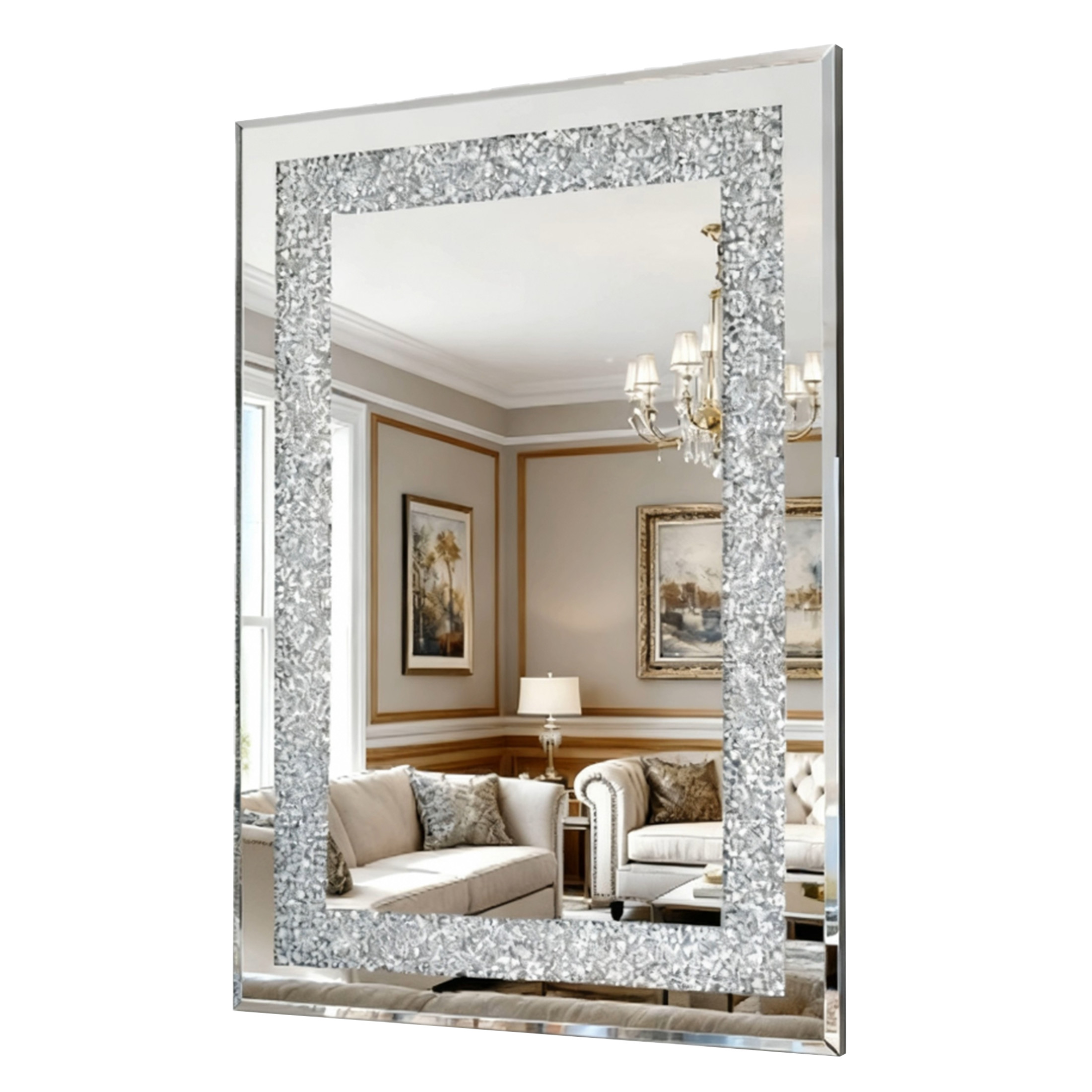 Noble House Crystal Crush Diamond Silver Wall Mirror,Modern Rectangular Mirror with Beveled Edge,Silver