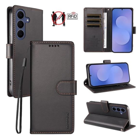 For Samsung Galaxy S26 FE 5G 6.7inch Phone Case Wallet, RFID Blocking Magnetic Buckle Flip Leather TPU Cover with Card Holder Wrist Strap Shockproof Phone Case,Black,For Galaxy S26 FE 5G