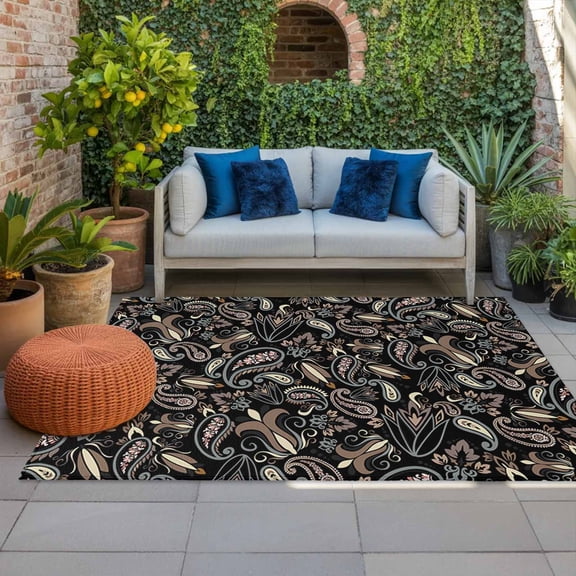 Outdoor Rug 3x5 ft Black Flower Outdoor Large Area Rug Non Slip Rubber Abstract Retro Floral Front Door Mat RV Rug Camping Carpet Patio Outdoor Rugs for Backyard Balcony Deck Porch Indoor